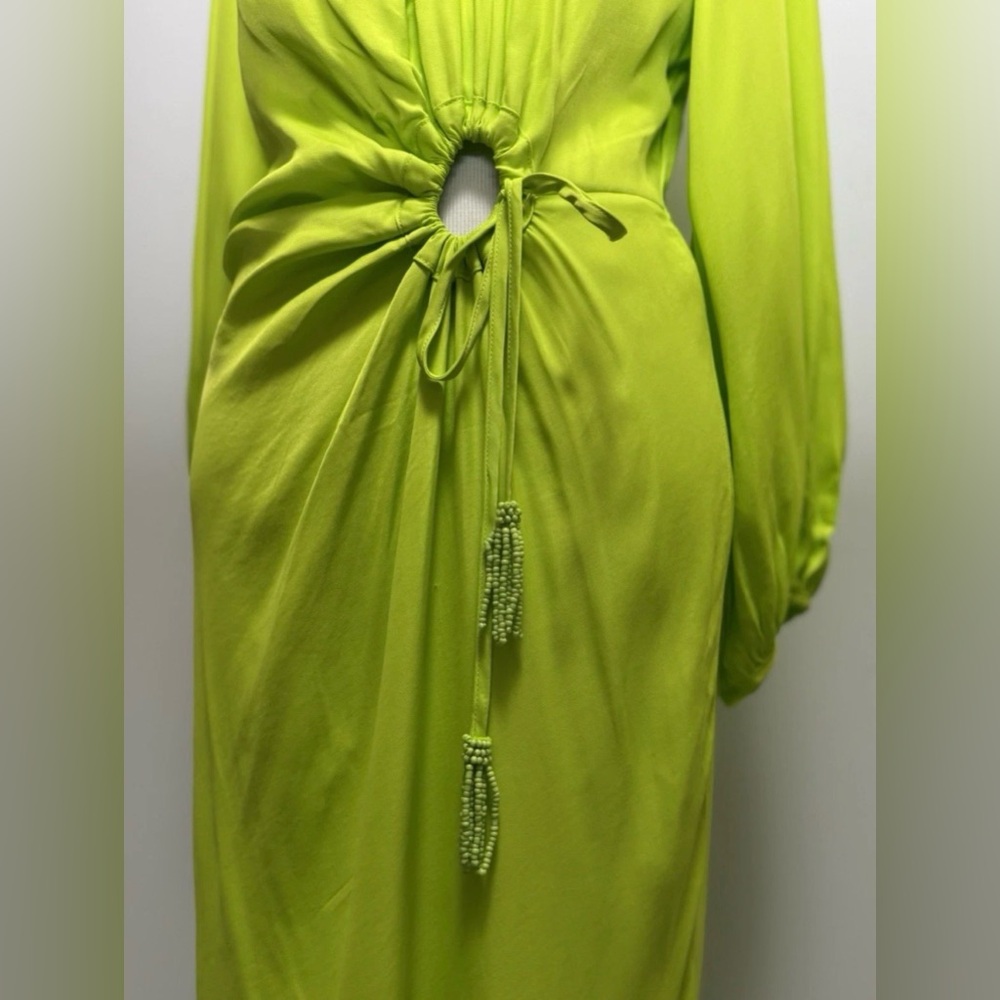 Farm Rio Lime Green Cutout Midi Dress NWT – Balloon Sleeve, Tassel Tie - Picture 8 of 16